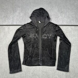 Candy Rain Black Velour Rhinestone Juicy Graphic Zip Up Hoodie Y2K Style Medium